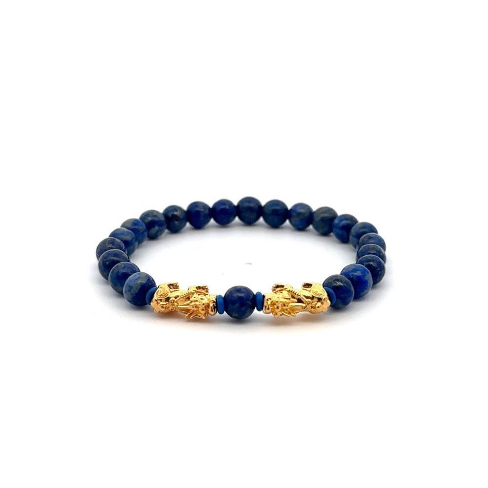 18K Gold Pixiu Double Piyao Bracelet Gemstones Lapis September Birthstones 6mm